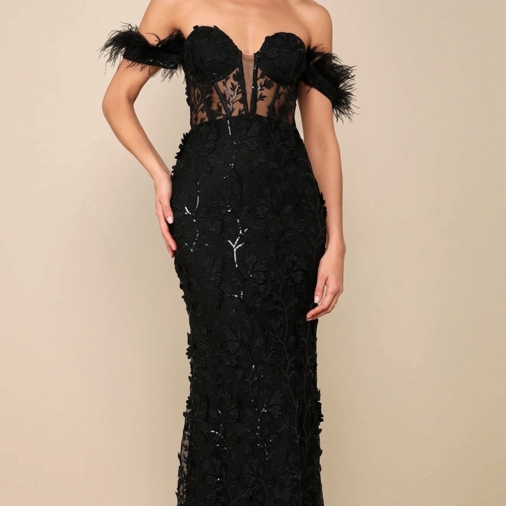 Embroidered gown with feather detail